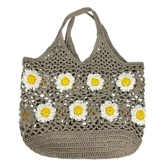 Summer Casual Woven Floral Daisy Brown Crochet Top Handle Beach Bag - Picture 3 of 4